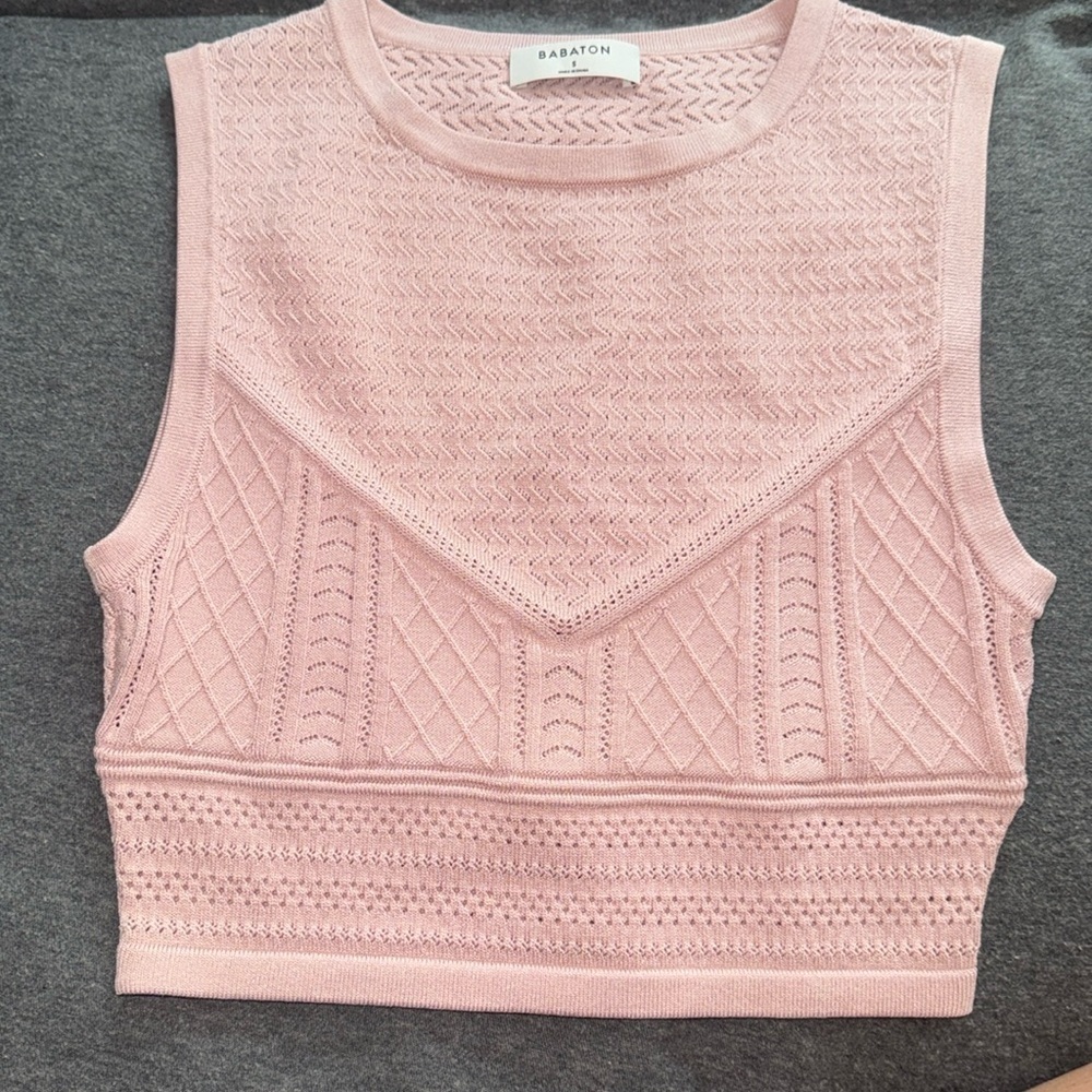 Babaton Pointelle Cropped Sweater Tank knit pink pale small stretch Aritzia